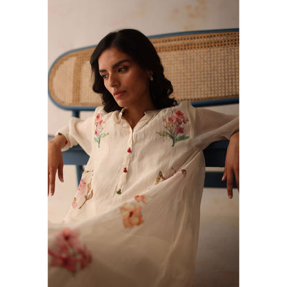 Begum Pret White Pista Kurta with Pant and slip (Set of 3)