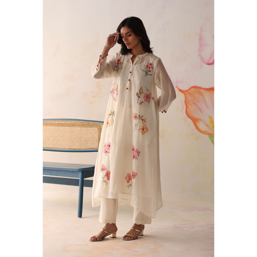 Begum Pret White Pista Kurta with Pant and slip (Set of 3)