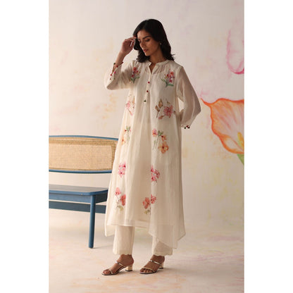 Begum Pret White Pista Kurta with Pant and slip (Set of 3)