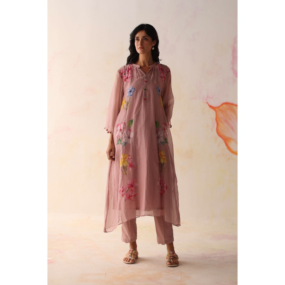 Begum Pret Pink Kesar Kurta with Pant and slip (Set of 3)