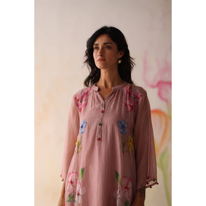 Begum Pret Pink Kesar Kurta with Pant and slip (Set of 3)