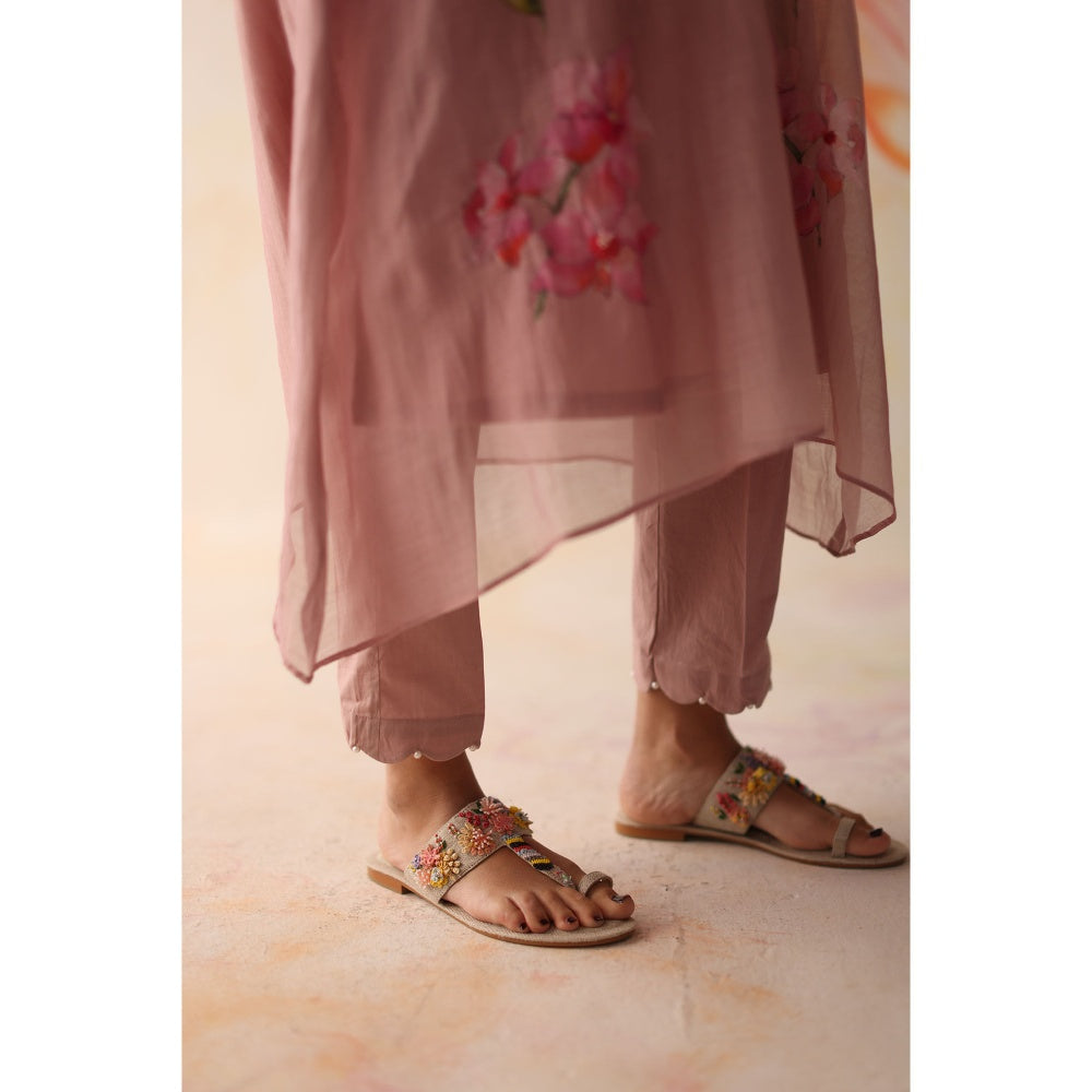Begum Pret Pink Kesar Kurta with Pant and slip (Set of 3)