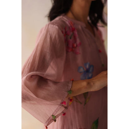 Begum Pret Pink Kesar Kurta with Pant and slip (Set of 3)