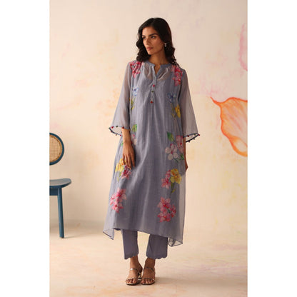 Begum Pret Blue Kesar Kurta with Pant and slip (Set of 3)