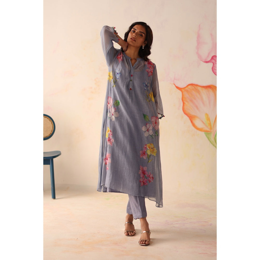 Begum Pret Blue Kesar Kurta with Pant and slip (Set of 3)