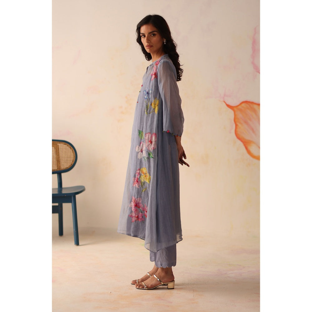 Begum Pret Blue Kesar Kurta with Pant and slip (Set of 3)