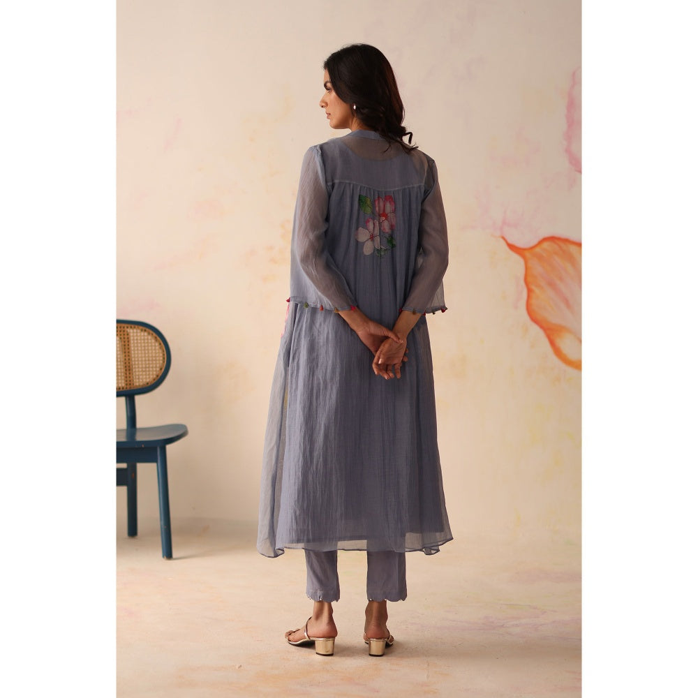 Begum Pret Blue Kesar Kurta with Pant and slip (Set of 3)