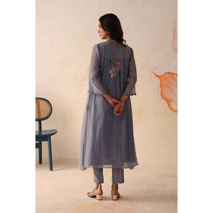 Begum Pret Blue Kesar Kurta with Pant and slip (Set of 3)