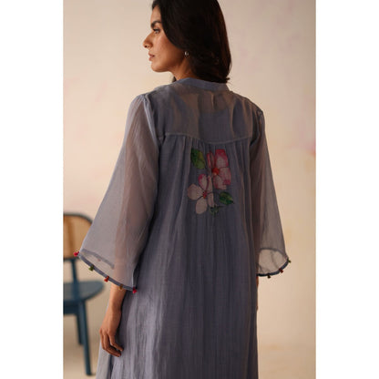 Begum Pret Blue Kesar Kurta with Pant and slip (Set of 3)