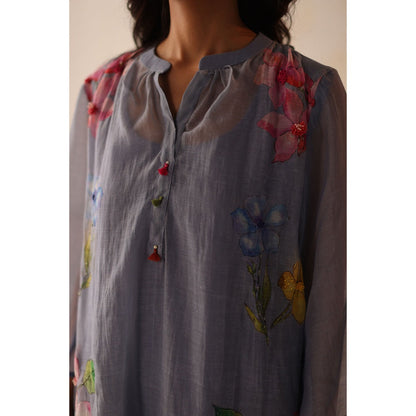 Begum Pret Blue Kesar Kurta with Pant and slip (Set of 3)