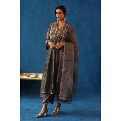 Begum Pret Grey Jaljeera Anarkali Kurta & Pant with Dupatta (Set of 3)