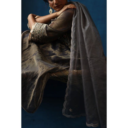 Begum Pret Grey Jaljeera Anarkali Kurta & Pant with Dupatta (Set of 3)