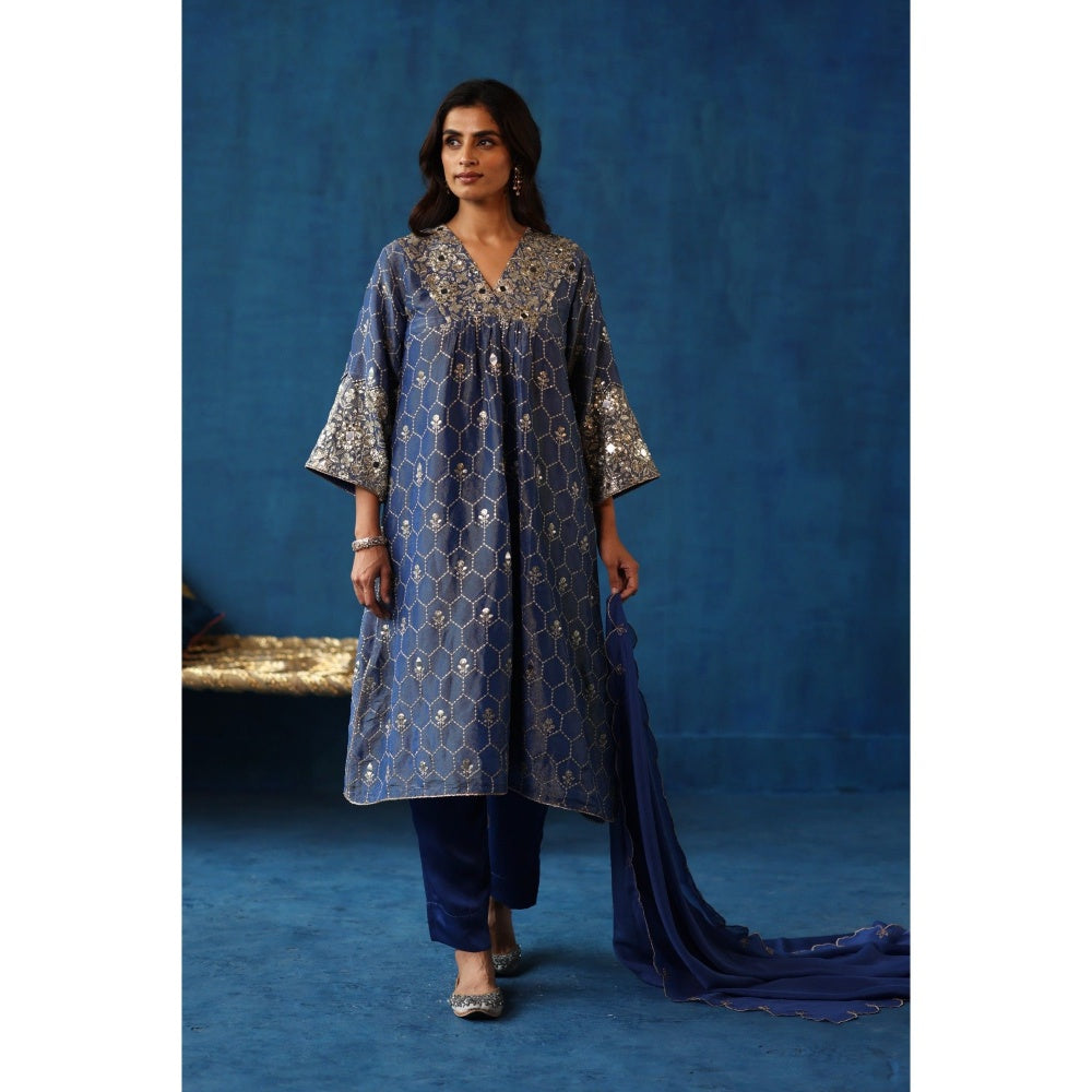 Begum Pret Blue Kaanji Kurta & Pant with Dupatta (Set of 3)