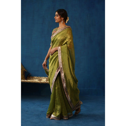 Begum Pret Green Sharbat Embellished & Zari Work Saree with Blouse with Stitched