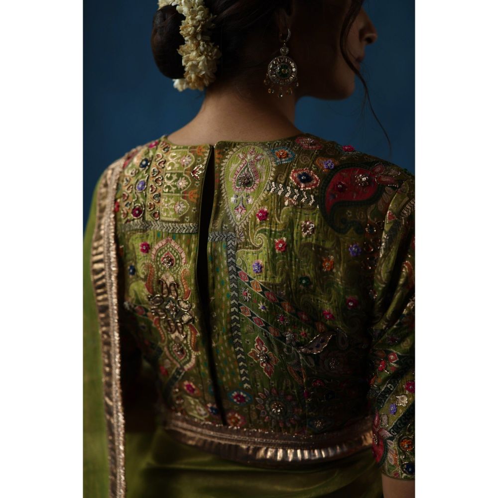 Begum Pret Green Sharbat Embellished & Zari Work Saree with Blouse with Stitched