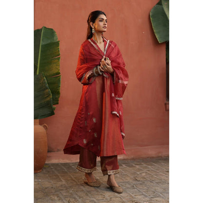 Begum Pret Rust Tara Kurta with Pant and Dupatta (Set of 3)