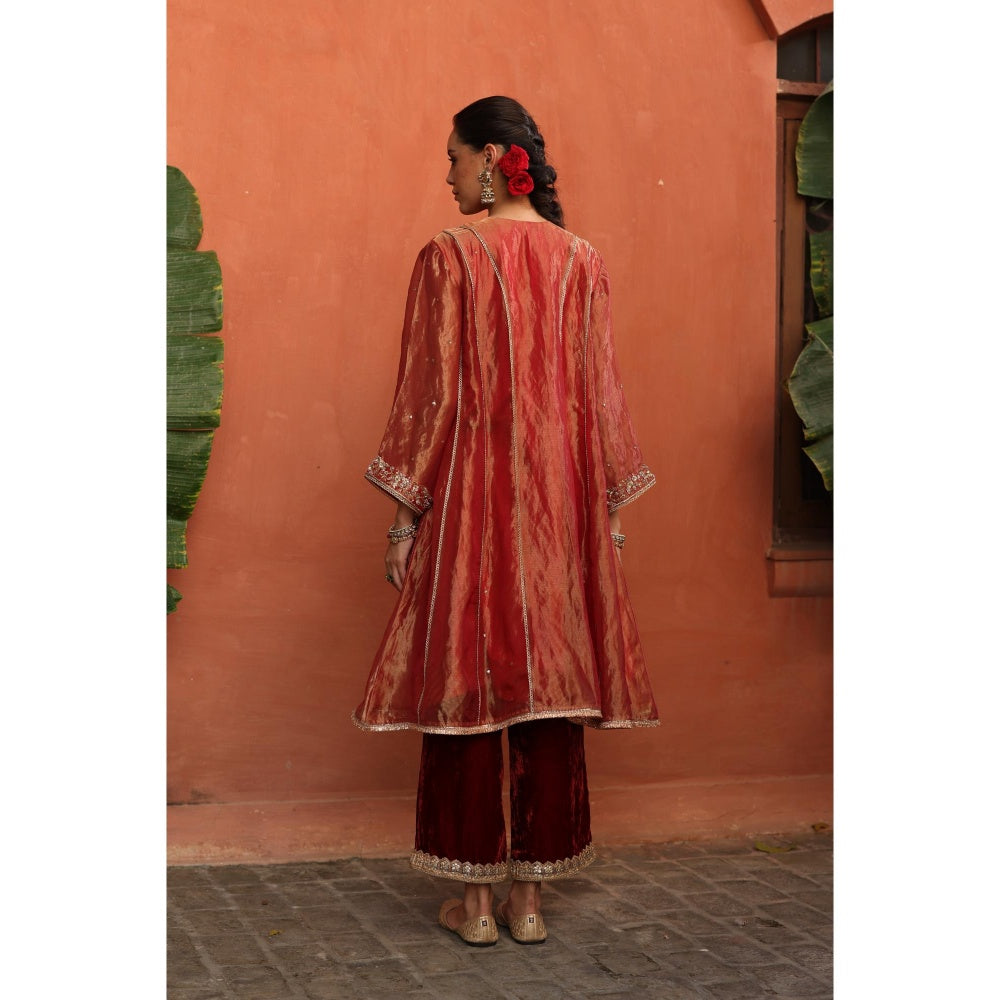Begum Pret Rust Raya Kurta with Pant and Dupatta (Set of 3)