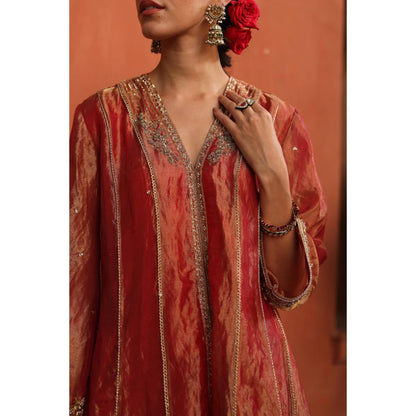 Begum Pret Rust Raya Kurta with Pant and Dupatta (Set of 3)