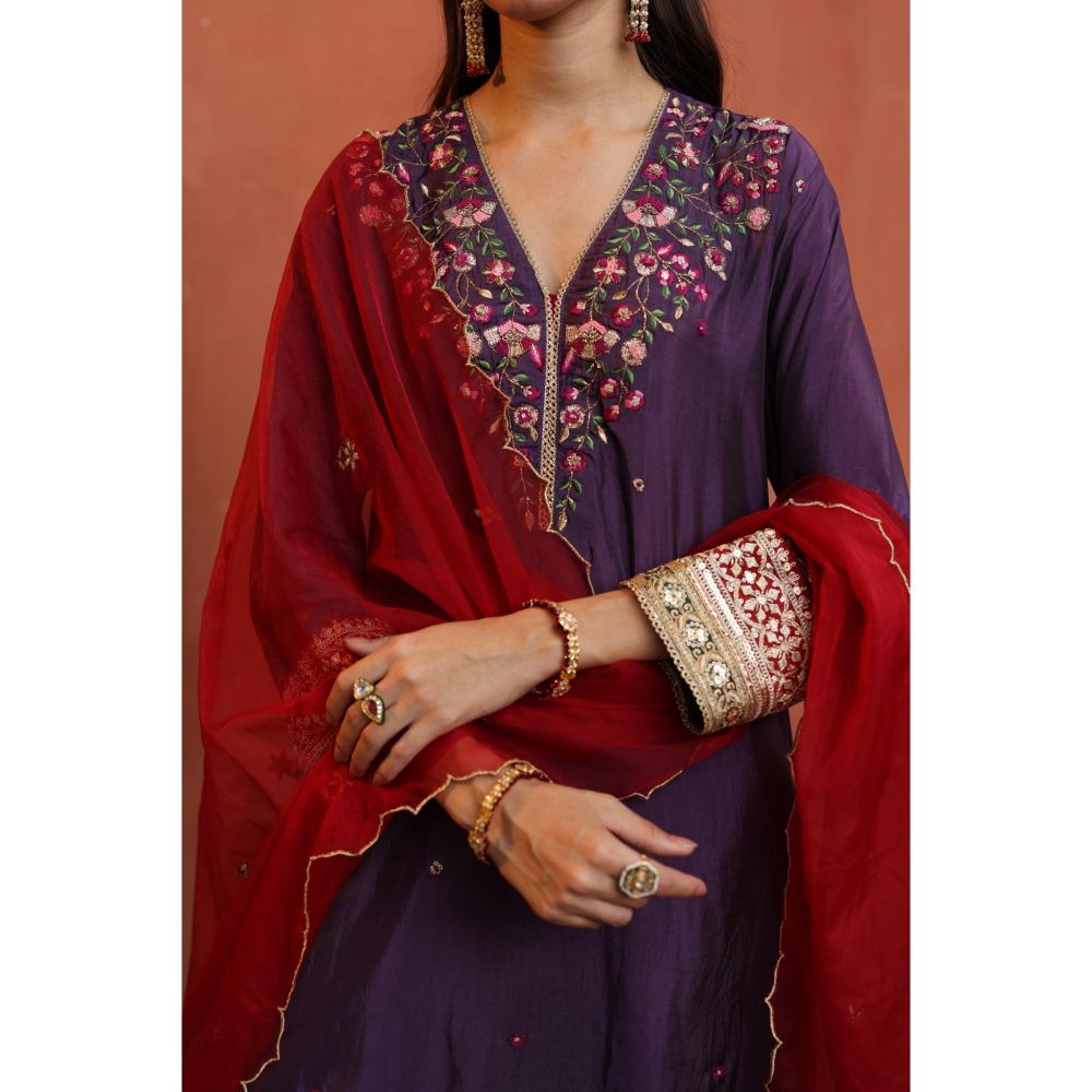 Begum Pret Purple Kaleera Kurta with Pant and Dupatta (Set of 3)