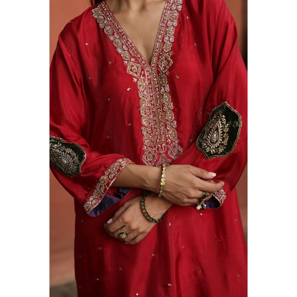 Begum Pret Red Nazira Kurta with Salwar and Dupatta (Set of 3)