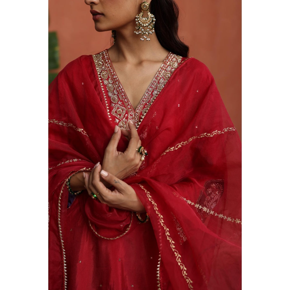 Begum Pret Red Nazira Kurta with Salwar and Dupatta (Set of 3)