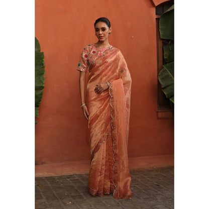 Begum Pret Peach Gulkand Saree with Stitched Blouse