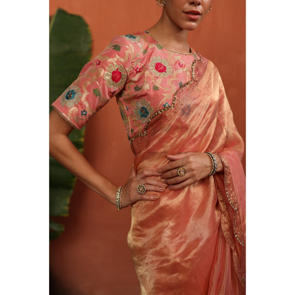 Begum Pret Peach Gulkand Saree with Stitched Blouse