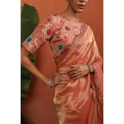 Begum Pret Peach Gulkand Saree with Stitched Blouse