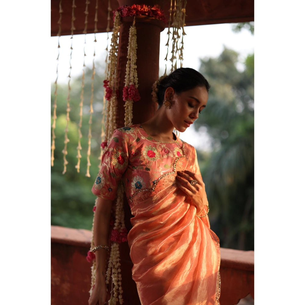 Begum Pret Peach Gulkand Saree with Stitched Blouse