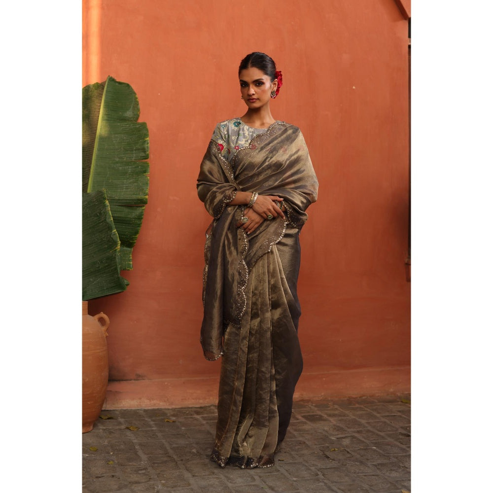 Begum Pret Grey Gulkand Saree with Stitched Blouse