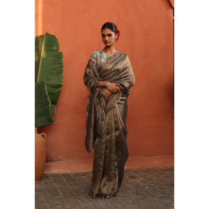 Begum Pret Grey Gulkand Saree with Stitched Blouse