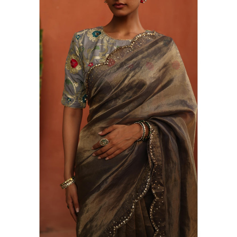 Begum Pret Grey Gulkand Saree with Stitched Blouse