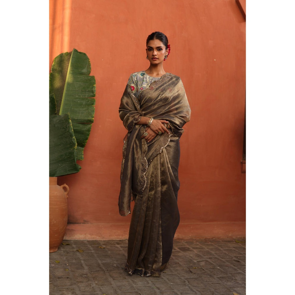 Begum Pret Grey Gulkand Saree with Stitched Blouse
