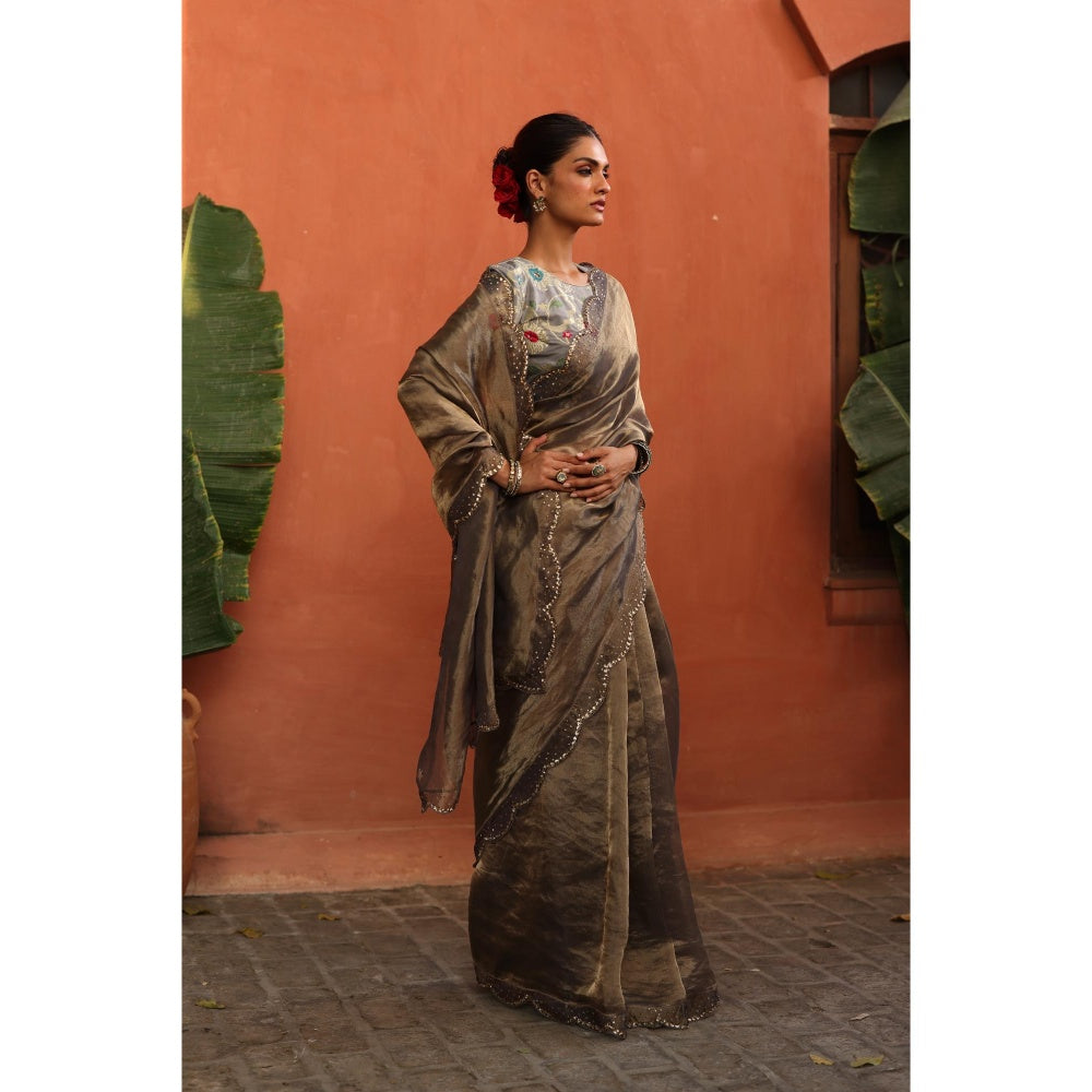 Begum Pret Grey Gulkand Saree with Stitched Blouse