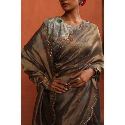 Begum Pret Grey Gulkand Saree with Stitched Blouse