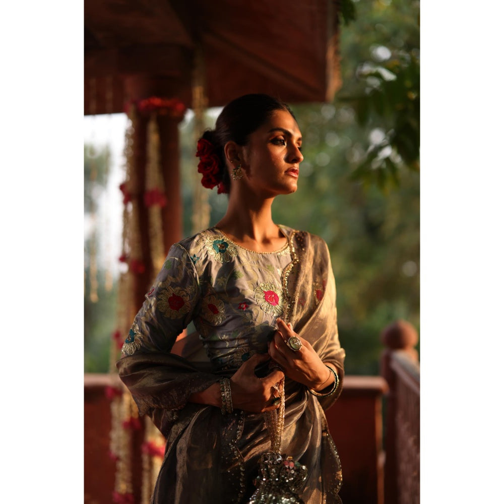 Begum Pret Grey Gulkand Saree with Stitched Blouse