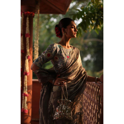 Begum Pret Grey Gulkand Saree with Stitched Blouse