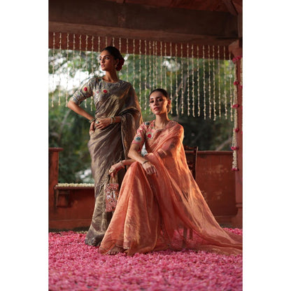 Begum Pret Grey Gulkand Saree with Stitched Blouse