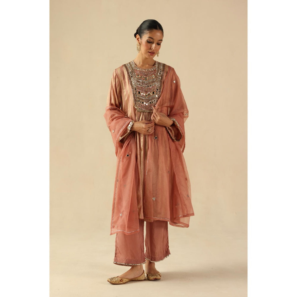 Begum Pret Peach Naksh Kurta with Pant and Dupatta