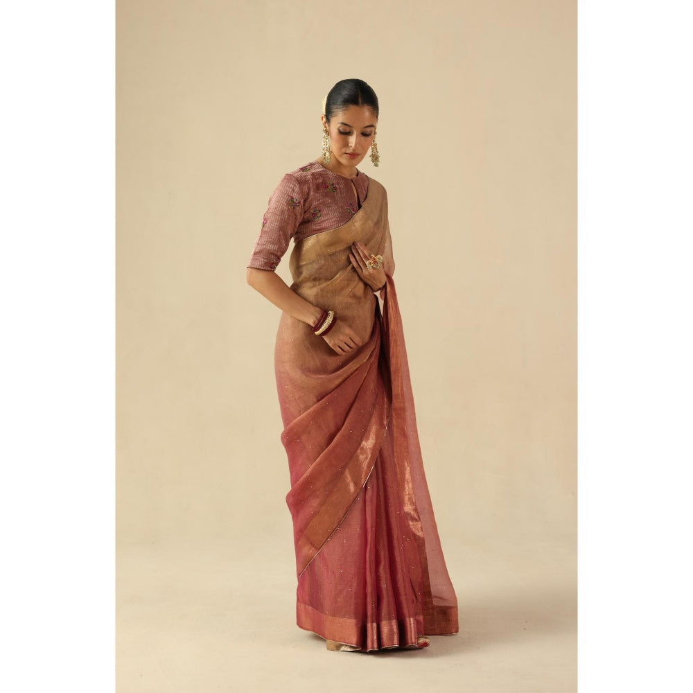 Begum Pret Peach Taj Gul Saree with Stitched Blouse