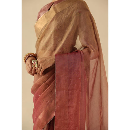 Begum Pret Peach Taj Gul Saree with Stitched Blouse