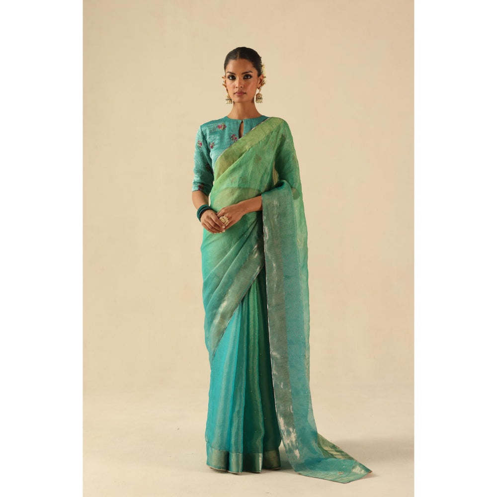 Begum Pret Turquoise Taj Gul Saree with Stitched Blouse