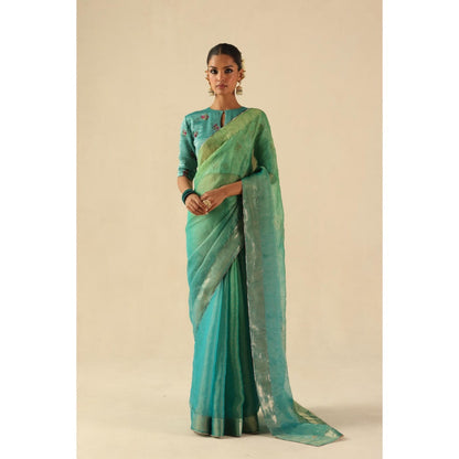 Begum Pret Turquoise Taj Gul Saree with Stitched Blouse