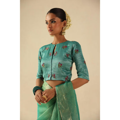 Begum Pret Turquoise Taj Gul Saree with Stitched Blouse