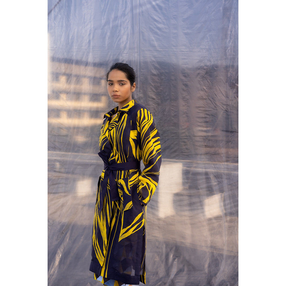 BENNCH Navy String Silk Trench Knee Length Dress (Set of 3)