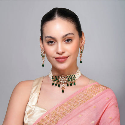 Beryachi Multi-Color Gold Finish Kundan Polki Pearl Necklace & Earrings Set