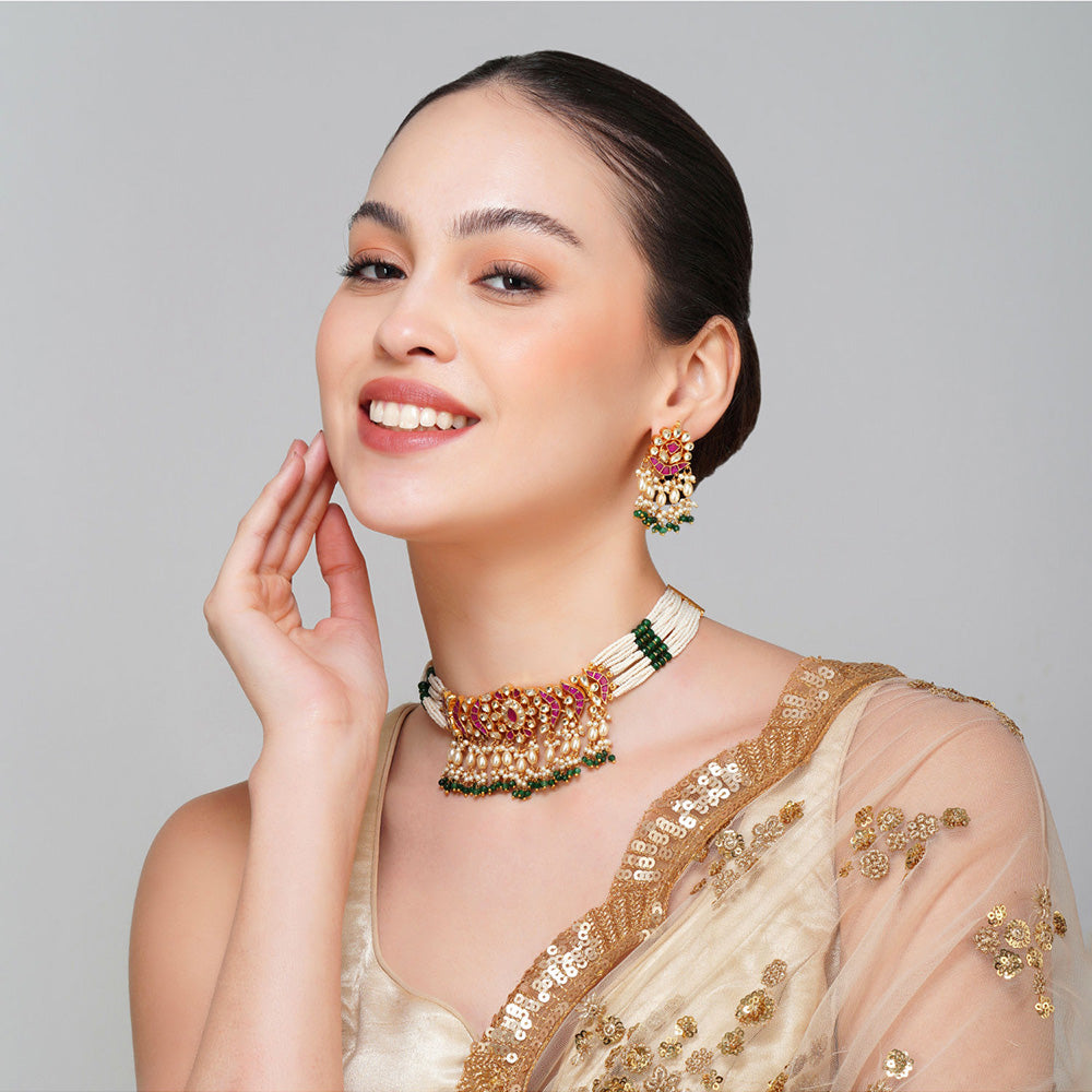 Beryachi Gold Finish Multi-Colored Pachi Kundan Polki Choker Necklace & Earrings Set