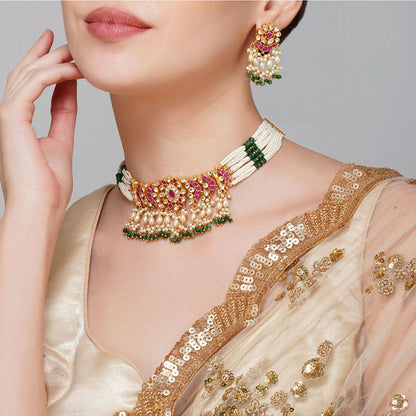 Beryachi Gold Finish Multi-Colored Pachi Kundan Polki Choker Necklace & Earrings Set