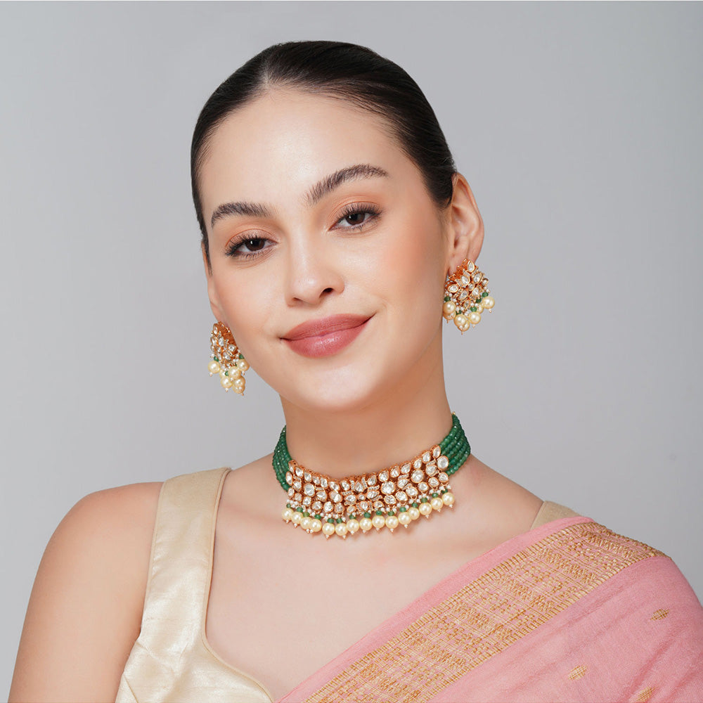 Beryachi Multi-Color Latika Emerald Green White Polki Kundan Choker & Earrings Set