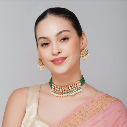 Beryachi Multi-Color Latika Emerald Green White Polki Kundan Choker & Earrings Set